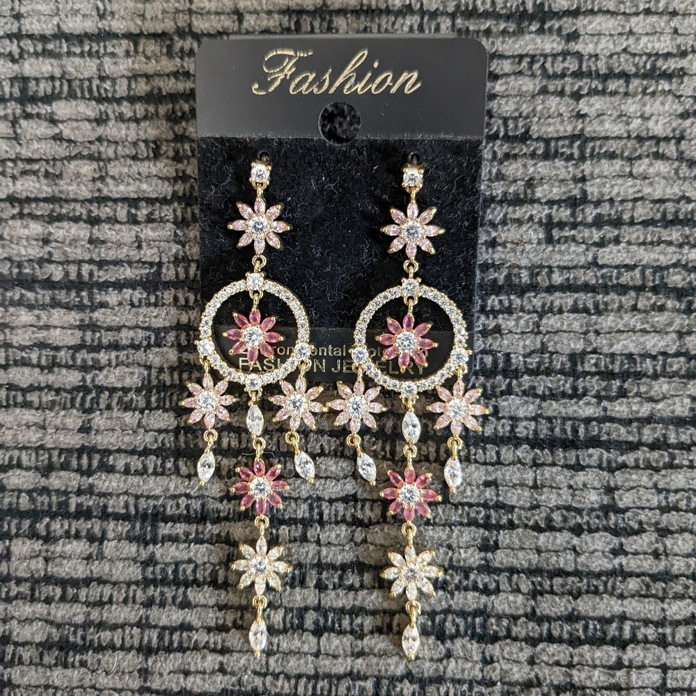 Flower Tassel Chandelier Drop Earrings 3"  